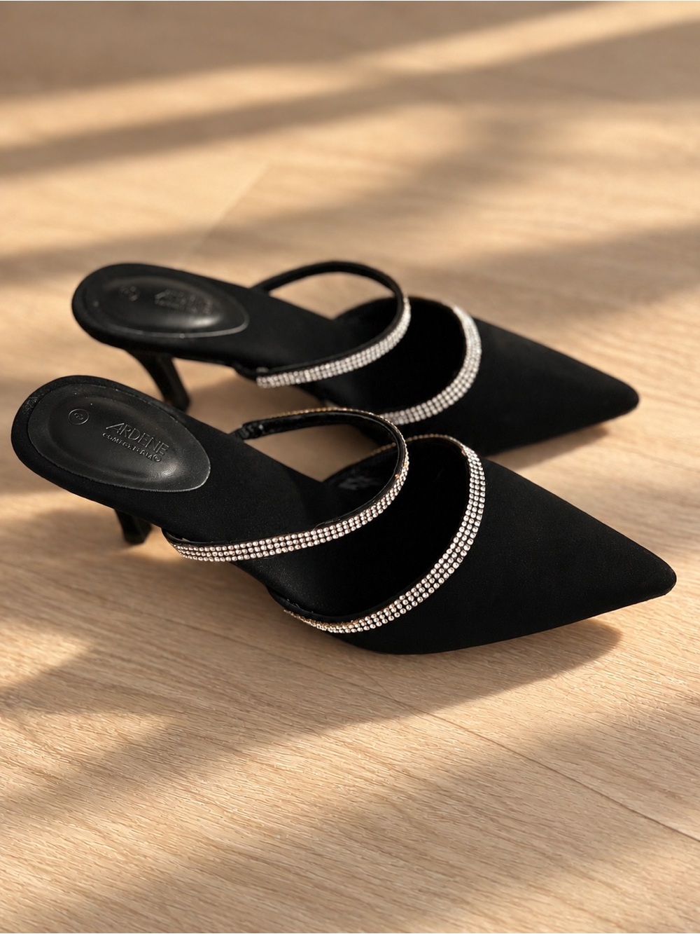 Ardene Black Rhinestone-Trim Pointed Mules - Size 8